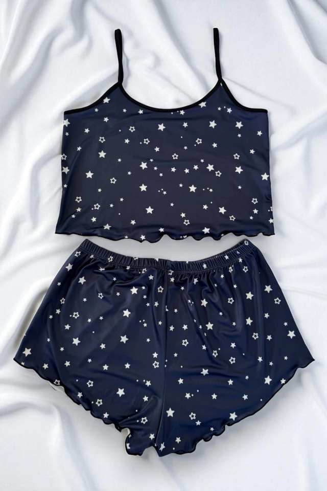 Yıldız Desenli Lacivert Şortlu Pijama Takımı