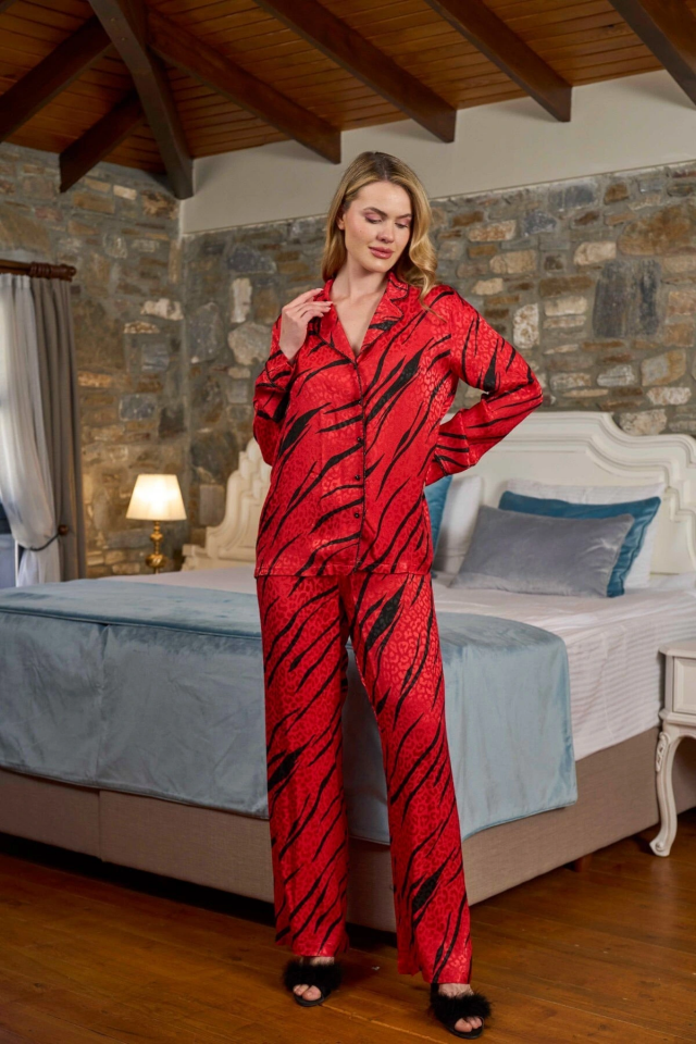 Aqua 26338 Kadın Lüxs 3'Lü Önü Düğmeli Uzun Kol Pijama Takımı