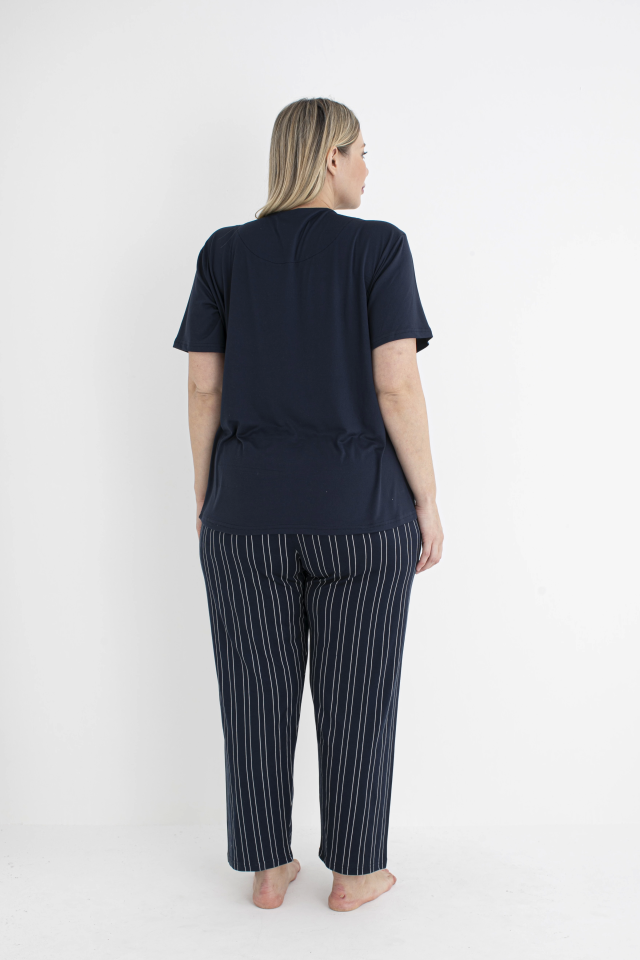 Estiva 25151 Kadın Battal  Beden Çizgilii Kısa Kol Pijama Takımı
