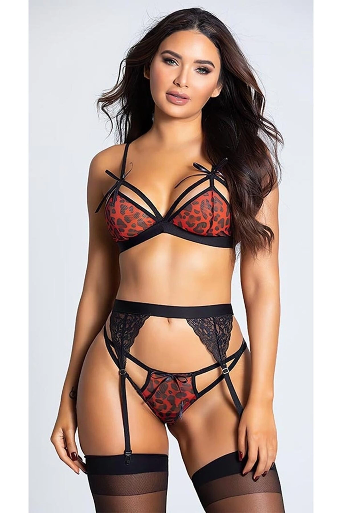 For Dreams 8356 Kırmızı Leopar Desenli Jartiyer Takım