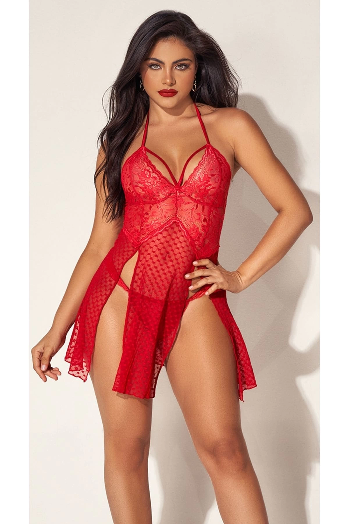 For Dreams 8604 Kırmızı Dantelli Boyundan Askılı Gecelik Takım