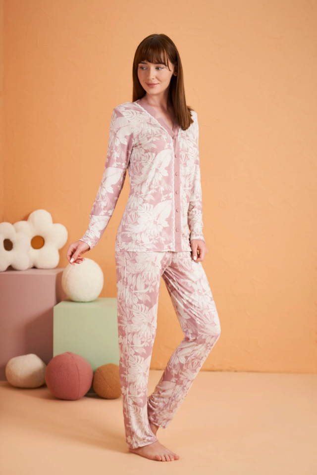PJS 28017 Kadın Uzun Kol Önü Düğmeli Pijama Takım