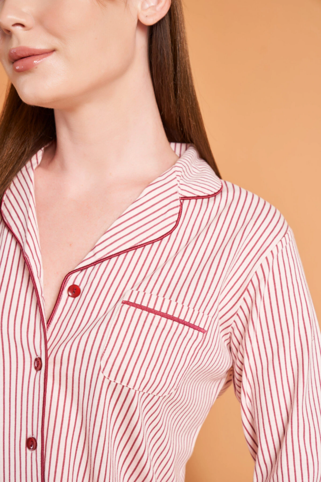 PJS 28001 Kadın Uzun Kol Çizgili Önü Düğmeli Pijama Takım