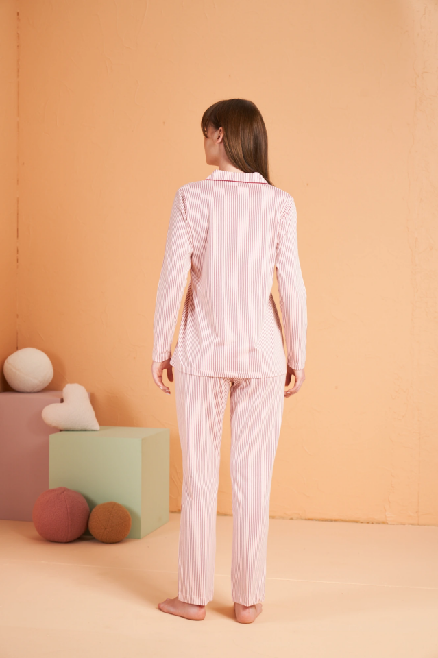 PJS 28001 Kadın Uzun Kol Çizgili Önü Düğmeli Pijama Takım