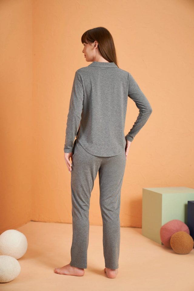 PJS 28049 Kadın Uzun Kol Önü Düğmeli Pijama Takım