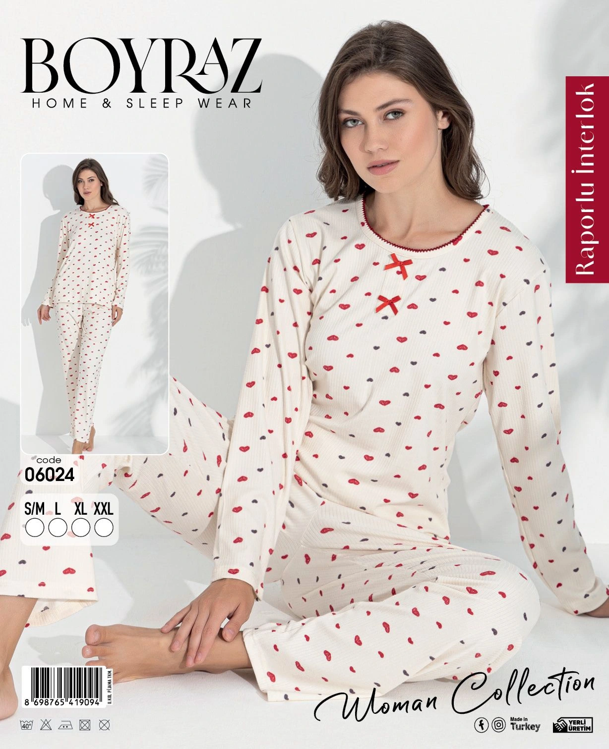 Boyraz 06024 Kadın Uzun Kol Kalpli Pijama Takımı