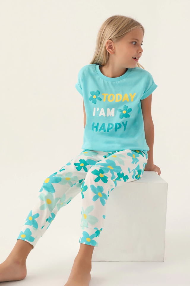 Roly Poly 3394-2 Kız Çocuk Çiçekli Kısa Kol Pijama Takım