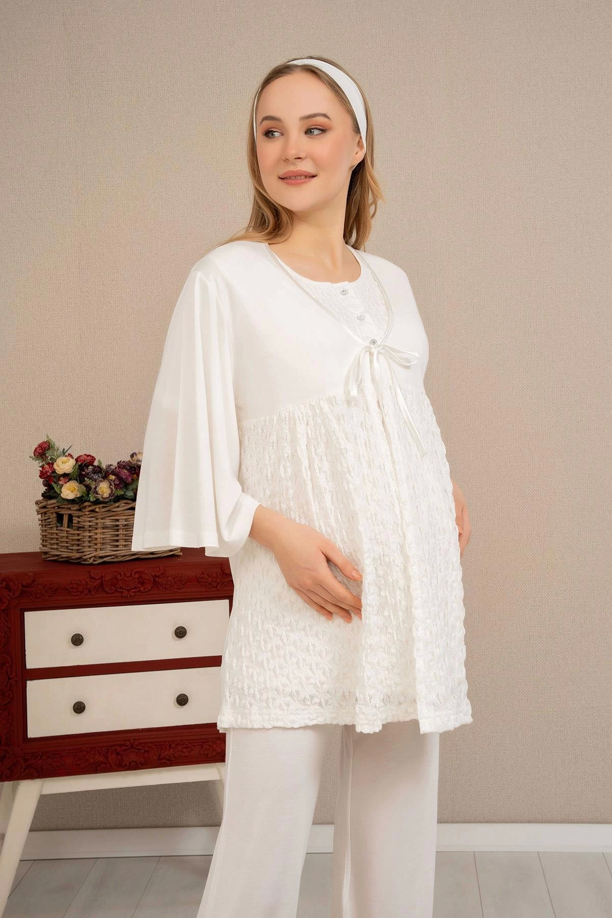 Ba-Ha 4504 Dantel Sabahlıklı Lohusa Pijama Takımı