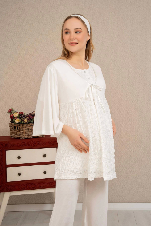 Ba-Ha 4504 Dantel Sabahlıklı Lohusa Pijama Takımı