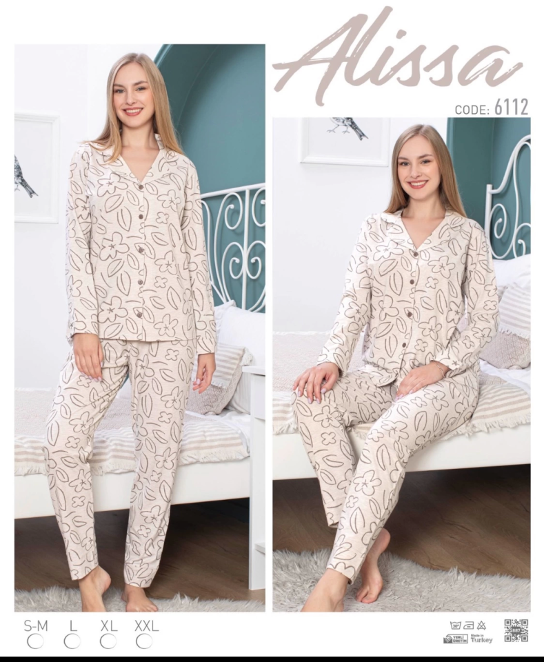 Alissa 6112 Bayan Çiçek Desenli Patlı Uzun Kol Pijama Takımı