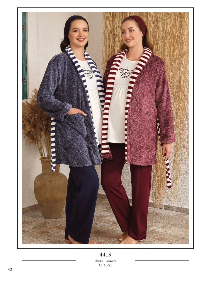Ba-Ha 4419 Bayan Lohusa Kışlık 3'lü Pijama Takımı