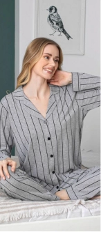 Freshness 200 Çizgili Patlı Gömlek Yaka Uzun Kol Pijama