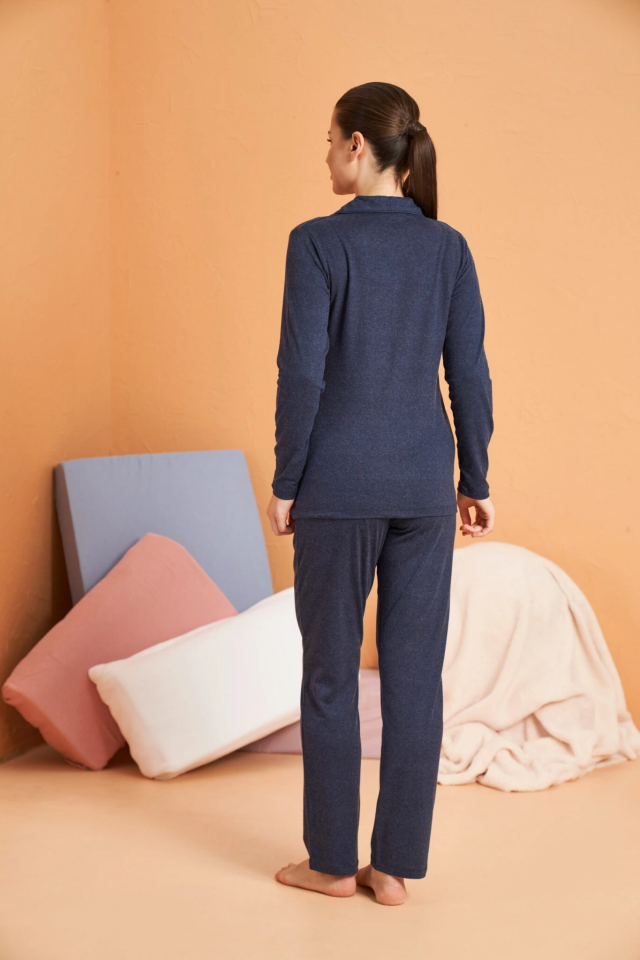 PJS 28090 Kadın Gömlek Yaka Patlı Pijama Takımı