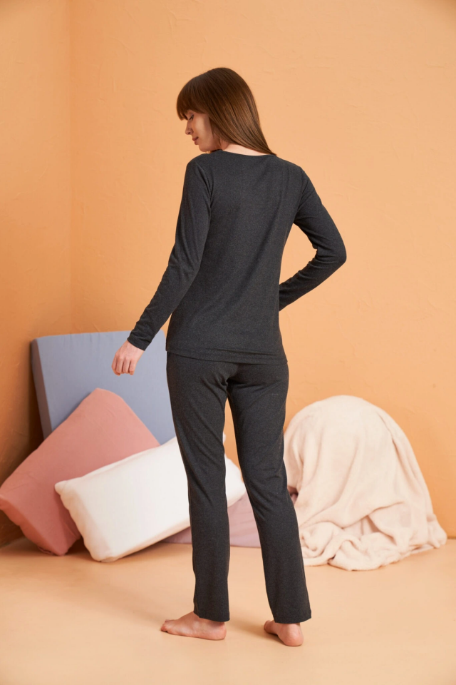Pjs 28091 Kadın Uzun Kol V Yaka Pijama Takımı