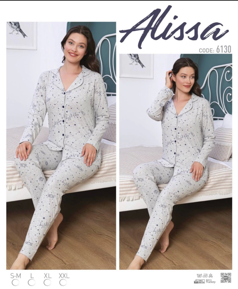 Alissa 6130 Kadın Gri Yıldızlı Uzun Kol Patlı Pijama Takımı
