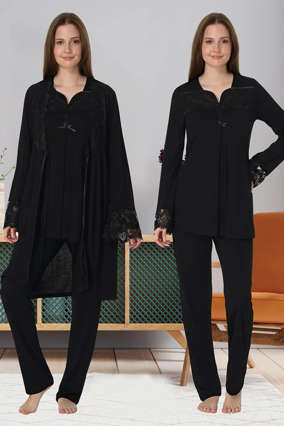 Effortt 4084 Dantelli Sabahlıklı Lohusa Pijama Takımı