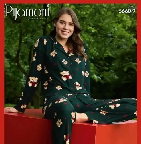 Pijamoni 5660 Kadın Ayıcık Desenli Gömlek Yaka Pijama Takımı