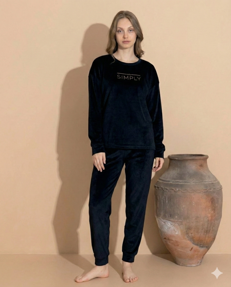 Boyraz 03412 Fransız Kadife Kumaş Uzun Kol Pijama Takımı