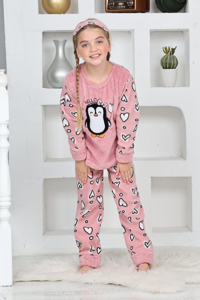 Kapitex 4993 Kız Çocuk Penguenli Polar Uzun Kol Pijama Takımı