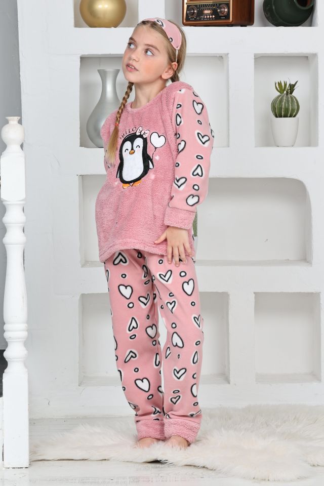Kapitex 4993 Kız Çocuk Penguenli Polar Uzun Kol Pijama Takımı