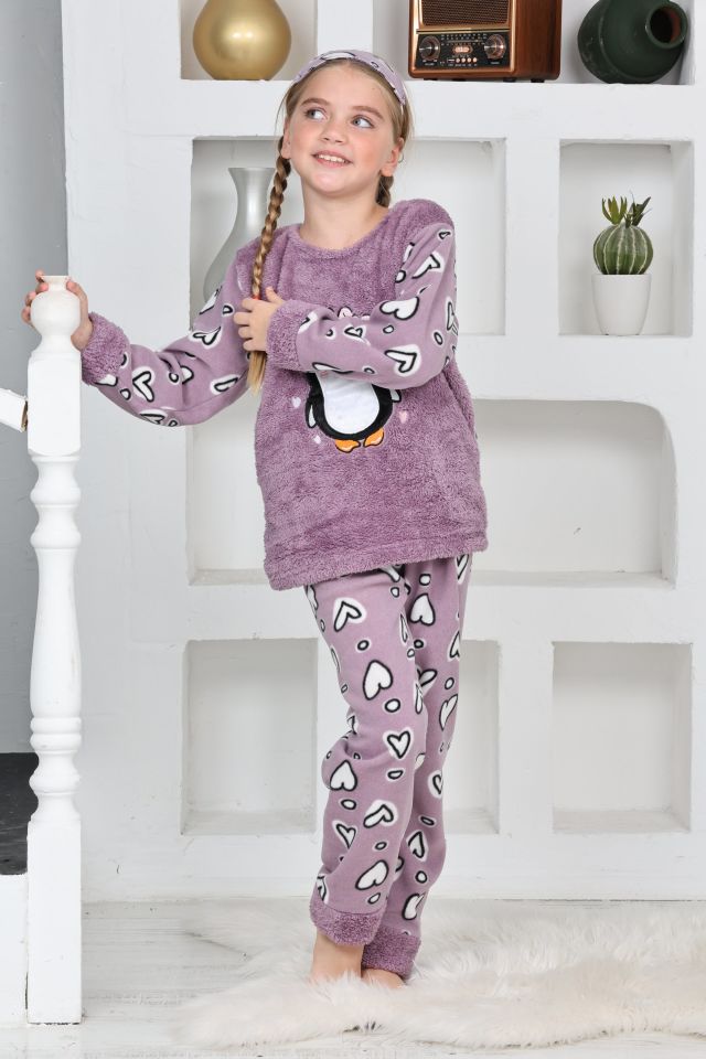 Kapitex 4994 Kız Çocuk Penguenli Polar Uzun Kol Pijama Takımı