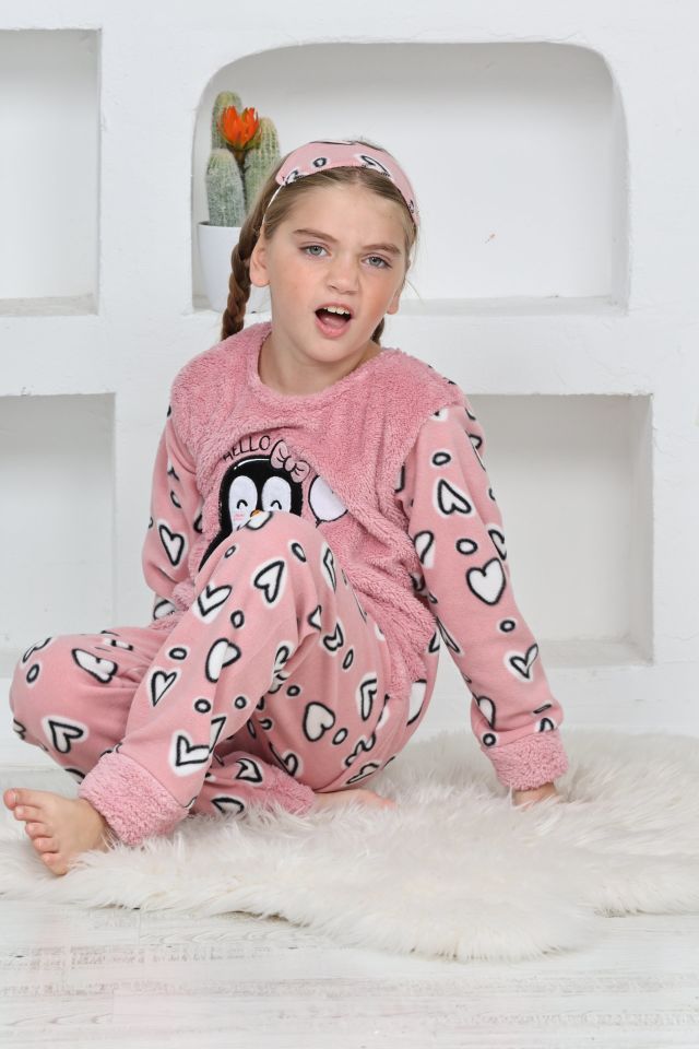 Kapitex 4992 Kız Çocuk Penguenli Polar Uzun Kol Pijama Takımı
