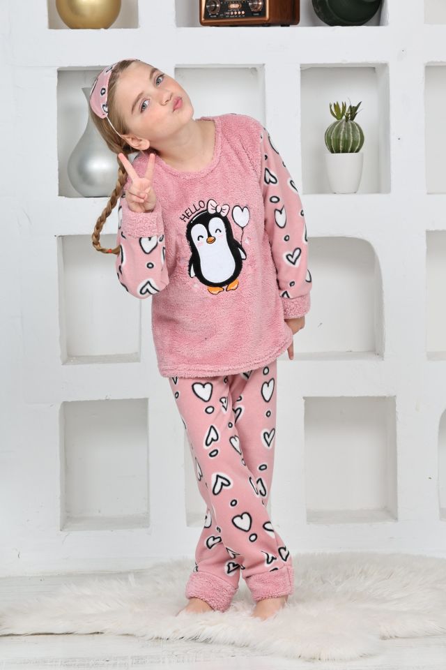 Kapitex 4992 Kız Çocuk Penguenli Polar Uzun Kol Pijama Takımı