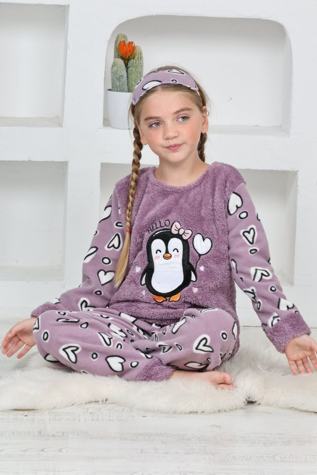 Kapitex 4992 Kız Çocuk Penguenli Polar Uzun Kol Pijama Takımı