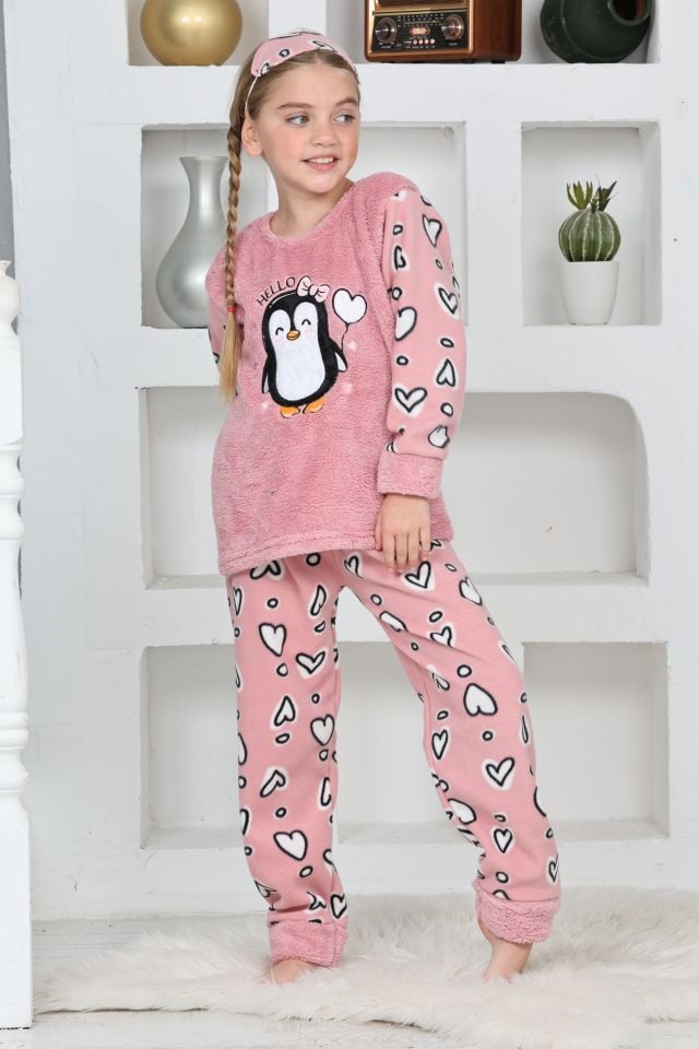 Kapitex 4994 Kız Çocuk Penguenli Polar Uzun Kol Pijama Takımı