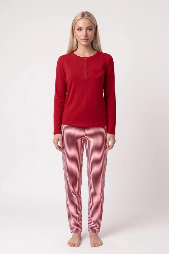 Pjs 30148 Kadın Uzun Kol Kalpli Pijama Takımı