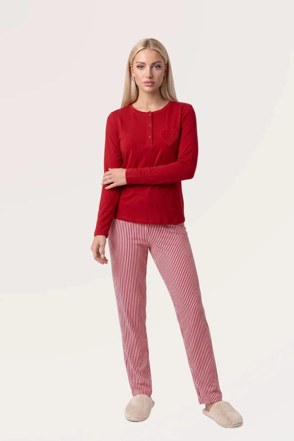 Pjs 30148 Kadın Uzun Kol Kalpli Pijama Takımı