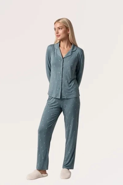 Pjs 30198 Kadın Önden Düğmeli Uzun Kol Pijama Takımı