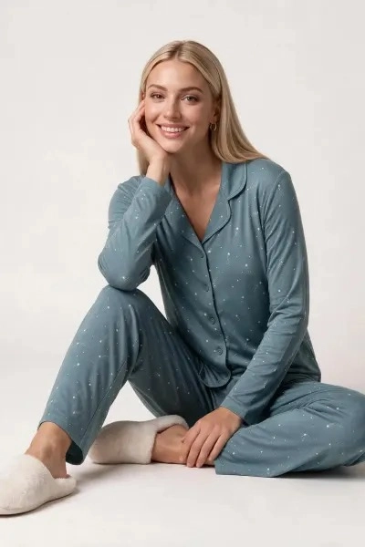 Pjs 30198 Kadın Önden Düğmeli Uzun Kol Pijama Takımı