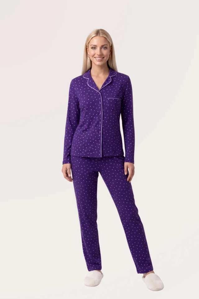 Pjs 30167 Kadın Uzun Kol Puantiyeli Düğmeli Pijama Takımı