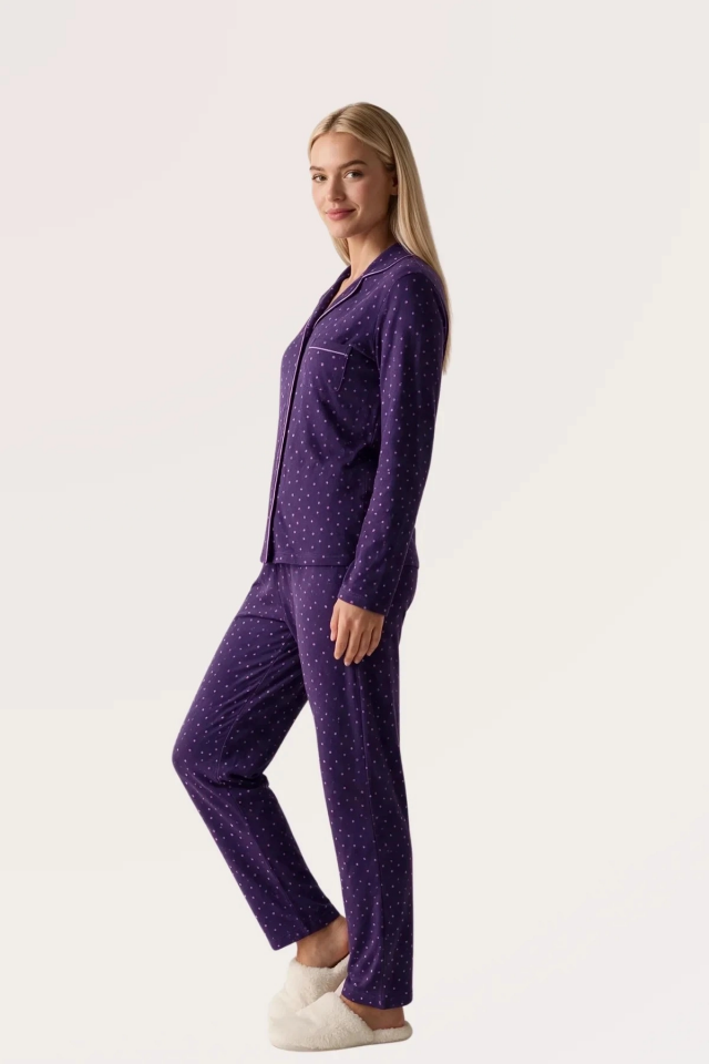 Pjs 30167 Kadın Uzun Kol Puantiyeli Düğmeli Pijama Takımı