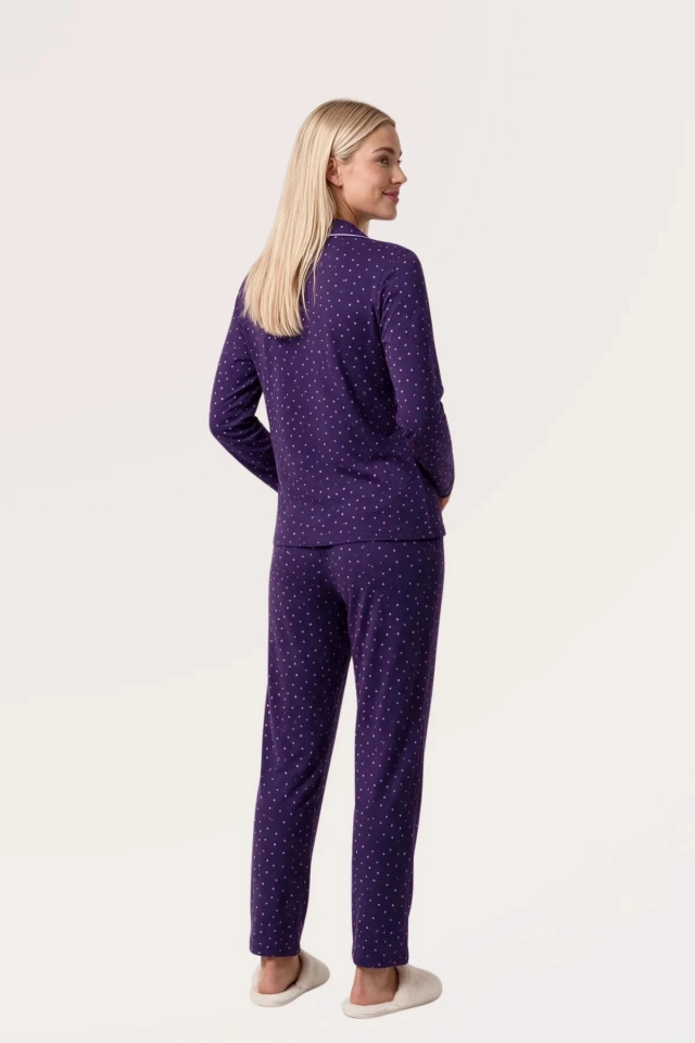 Pjs 30167 Kadın Uzun Kol Puantiyeli Düğmeli Pijama Takımı