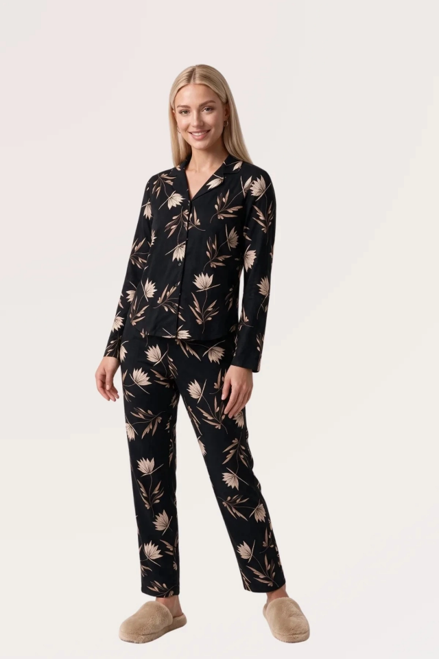 Pjs 30185 Kadın Önden Düğmeli Uzun Kol Pijama Takımı