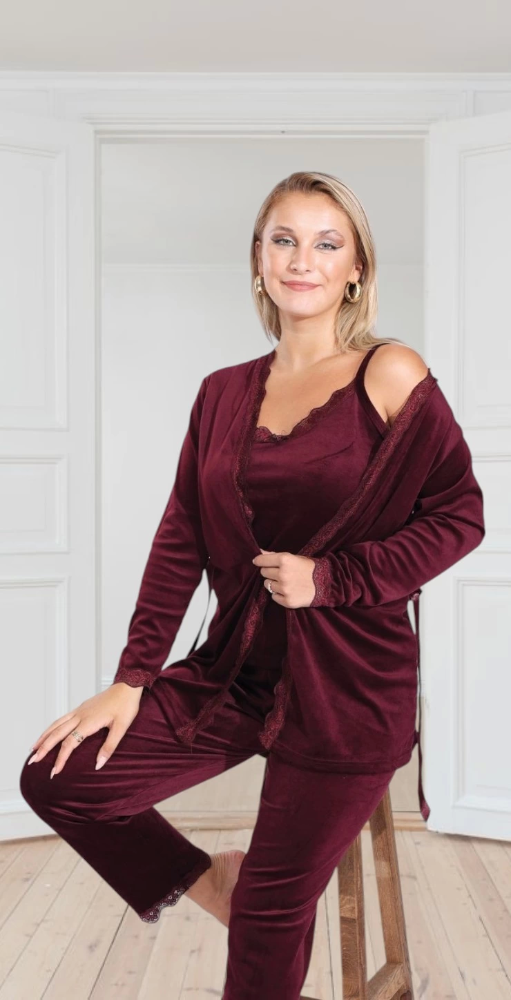 Good Night 1633-2 Kadın Kadife 3'lü Pijama Takımı