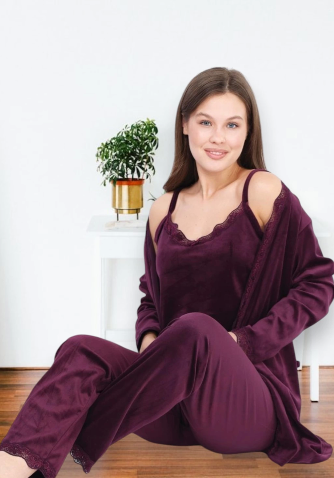 Good Night 1633-9 Kadın Kadife 3'lü Pijama Takımı