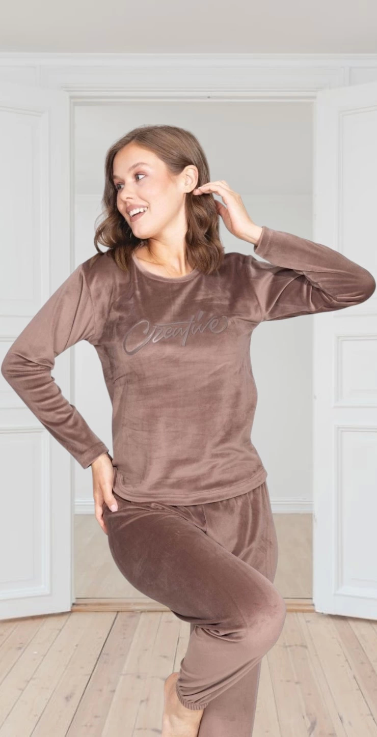 Good Night 2553-7 Kadın Kadife Uzun Kol Pijama Takımı
