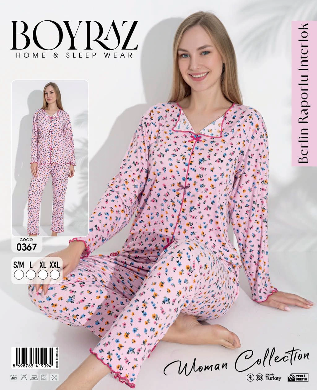 Boyraz 0367 Kadın Raporlu Uzun Kol Pijama Takımı