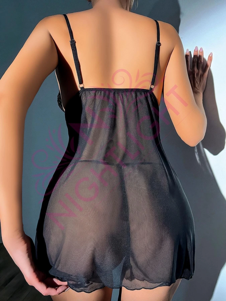 Nightlight 7007 Dantel Göğüs Kısmı Dantel Yırtmaçlı Mini Gecelik