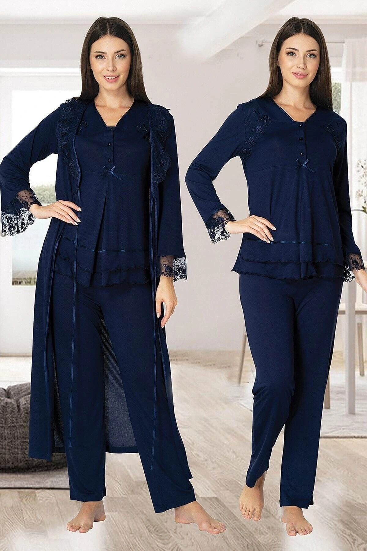 Effortt 2424 Uzun Dantel Sabahlıklı Lohusa Pijama