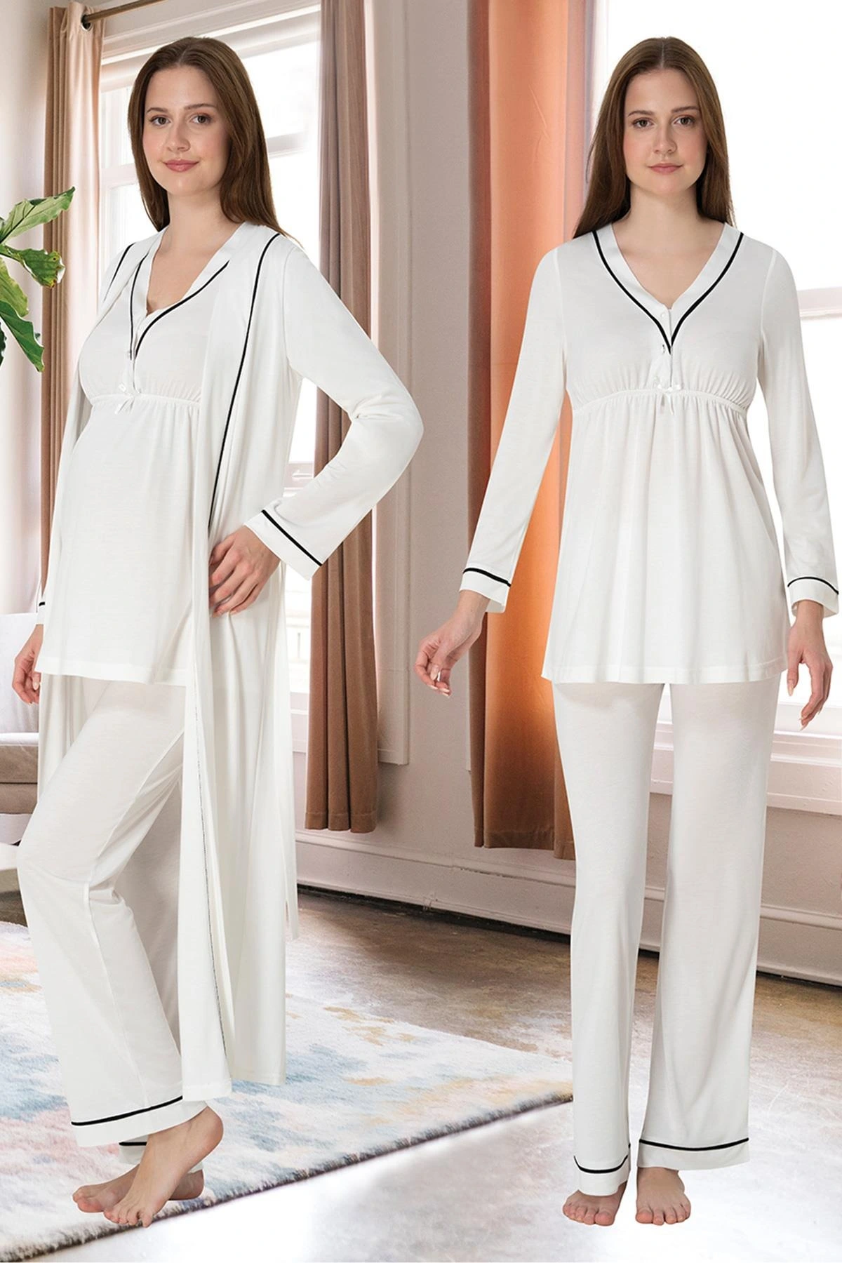 Effortt 4054 Biye Detaylı Sabahlıklı Lohusa Pijama Takımı