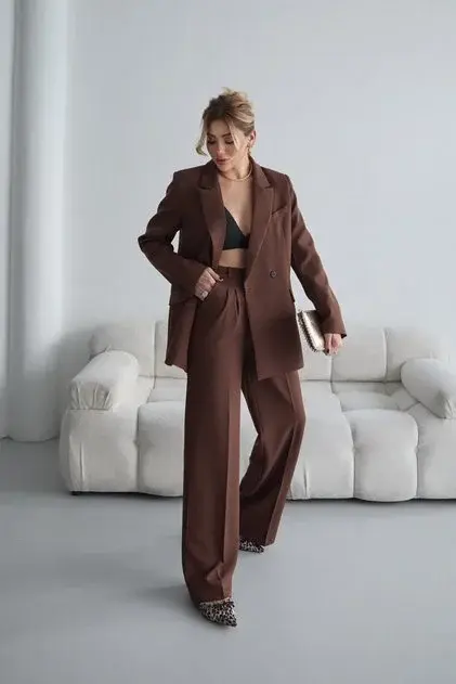 Kahverengi Blazer Ceket Palazzo Pantolon Takım Elbise