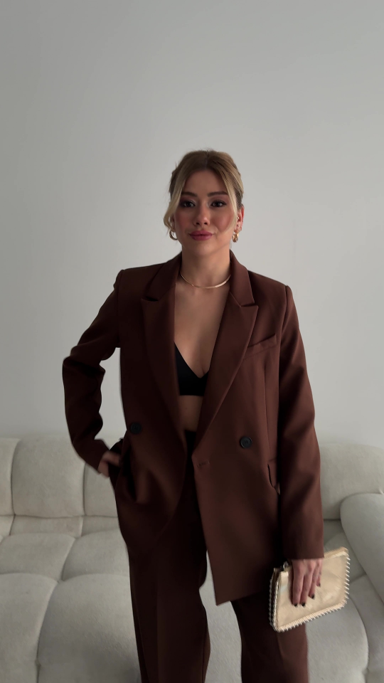 Kahverengi Blazer Ceket Palazzo Pantolon Takım Elbise