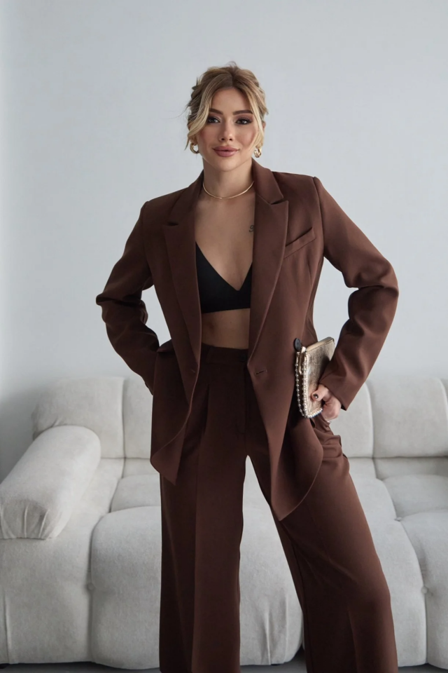 Kahverengi Blazer Ceket Palazzo Pantolon Takım Elbise