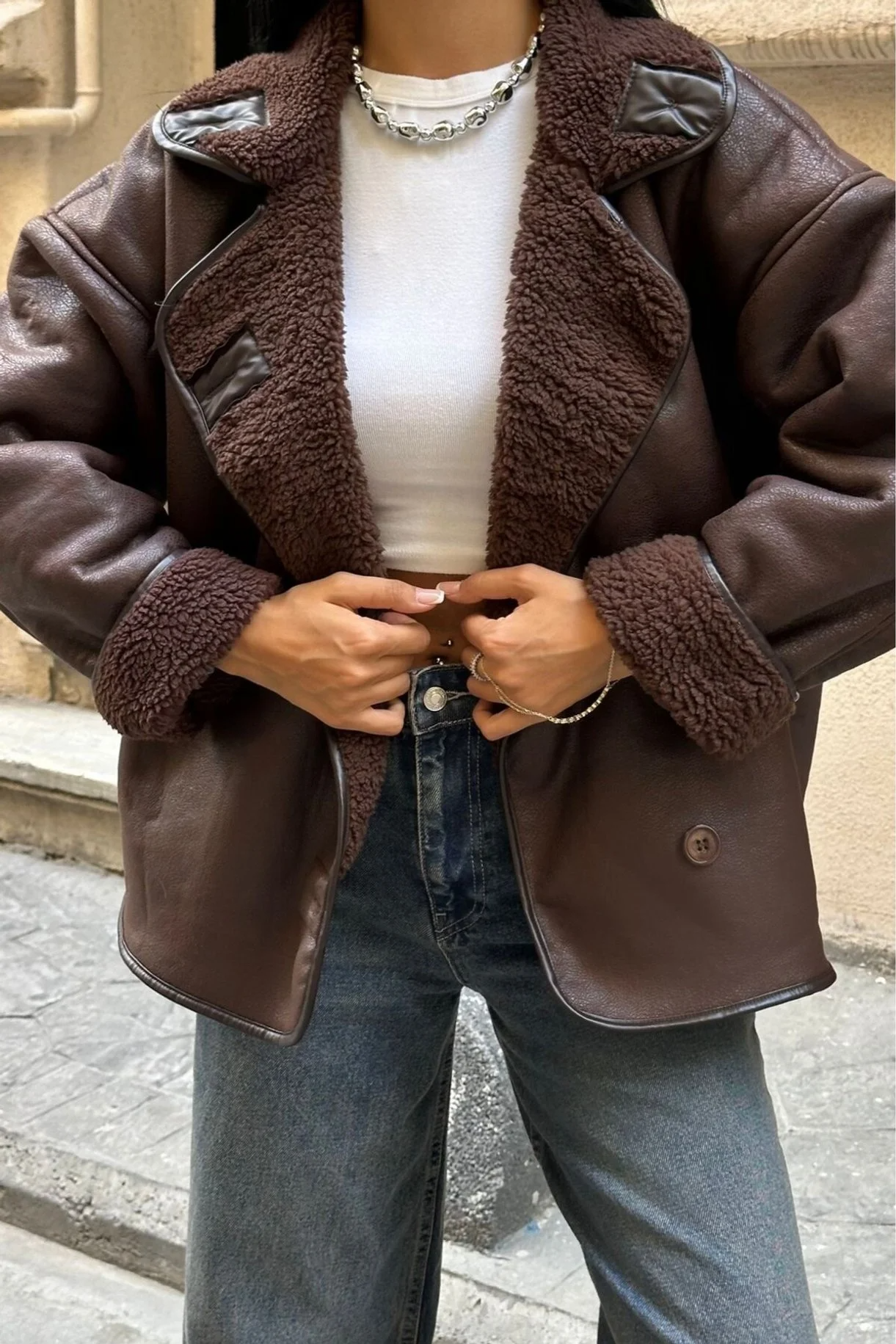 Oversize Suni Deri Kürk Yakalı Kadın Ceket Mont
