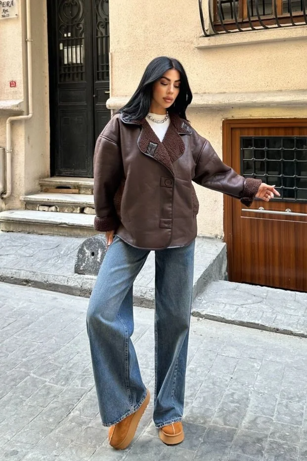 Oversize Suni Deri Kürk Yakalı Kadın Ceket Mont