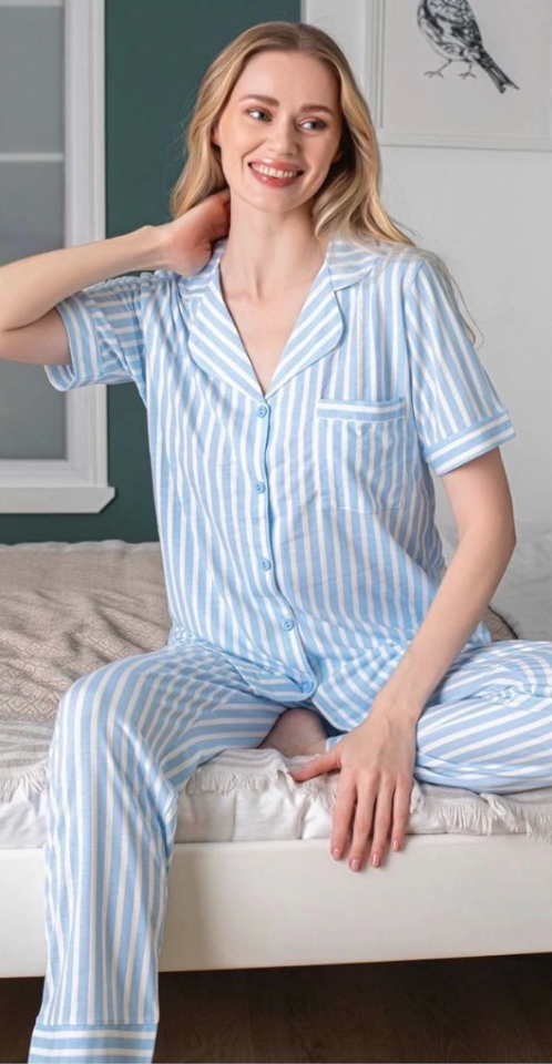 Alissa 6257 Kadın Mavi Çizgili Patlı  Pijama Takımı